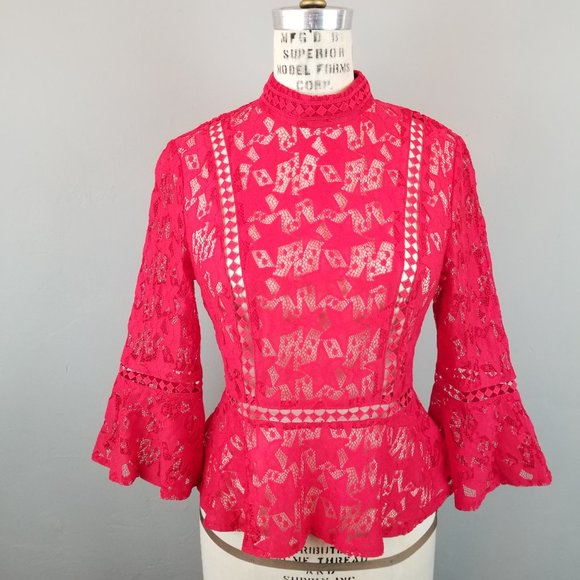 Minkpink Red Sheer Lace Blouse with Stars Flared Sleeves Women's Size Small - Picture 1 of 8